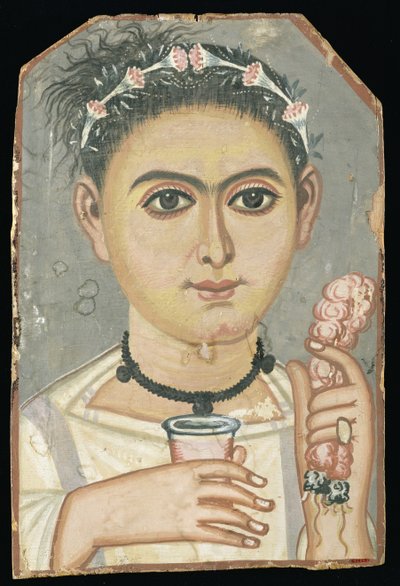 Portrait of a Young Person: Boy with a Floral Garland in His Hair, Possibly from Er-Rubiyat, Faiyum, Egypt by Roman